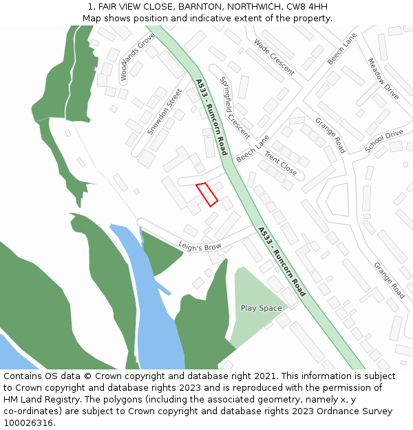 1, FAIR VIEW CLOSE, BARNTON, NORTHWICH, CW8 4HH: Location map and indicative extent of plot