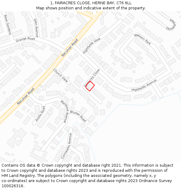 1, FAIRACRES CLOSE, HERNE BAY, CT6 6LL: Location map and indicative extent of plot