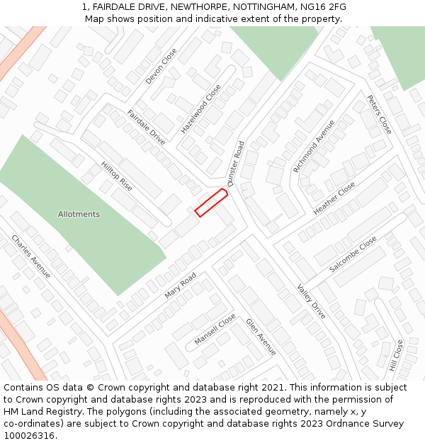 1, FAIRDALE DRIVE, NEWTHORPE, NOTTINGHAM, NG16 2FG: Location map and indicative extent of plot
