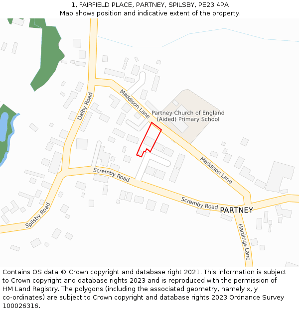 1, FAIRFIELD PLACE, PARTNEY, SPILSBY, PE23 4PA: Location map and indicative extent of plot