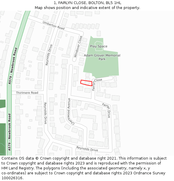 1, FAIRLYN CLOSE, BOLTON, BL5 1HL: Location map and indicative extent of plot