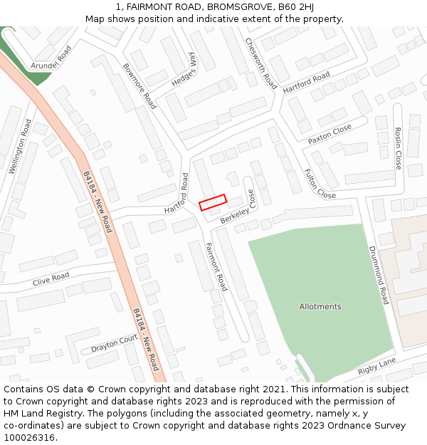 1, FAIRMONT ROAD, BROMSGROVE, B60 2HJ: Location map and indicative extent of plot