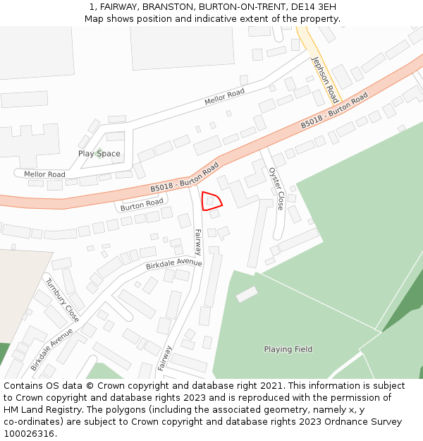 1, FAIRWAY, BRANSTON, BURTON-ON-TRENT, DE14 3EH: Location map and indicative extent of plot