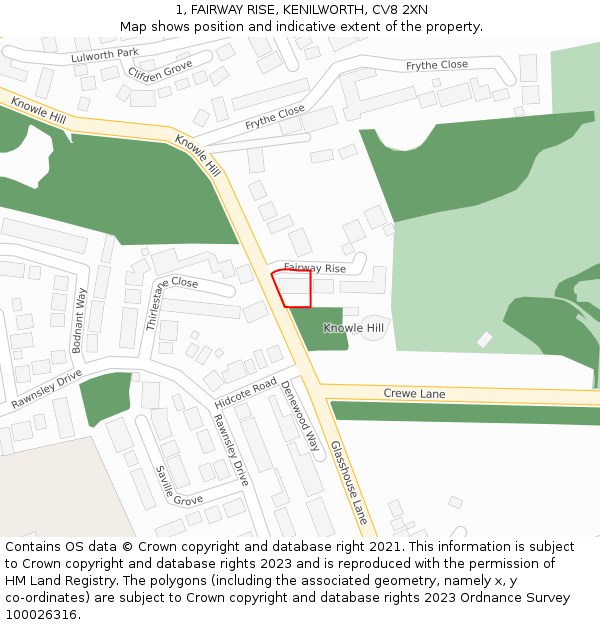 1, FAIRWAY RISE, KENILWORTH, CV8 2XN: Location map and indicative extent of plot