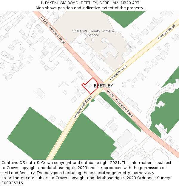 1, FAKENHAM ROAD, BEETLEY, DEREHAM, NR20 4BT: Location map and indicative extent of plot