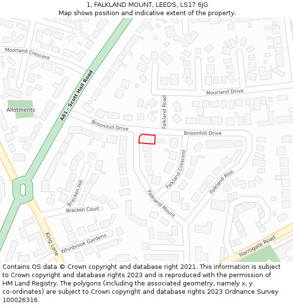 1, FALKLAND MOUNT, LEEDS, LS17 6JG: Location map and indicative extent of plot