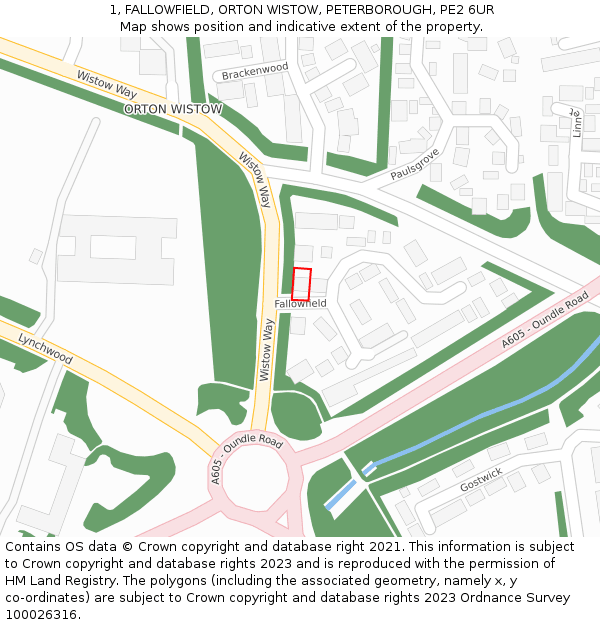 1, FALLOWFIELD, ORTON WISTOW, PETERBOROUGH, PE2 6UR: Location map and indicative extent of plot