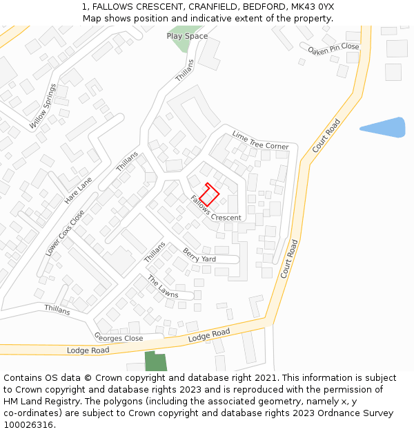 1, FALLOWS CRESCENT, CRANFIELD, BEDFORD, MK43 0YX: Location map and indicative extent of plot