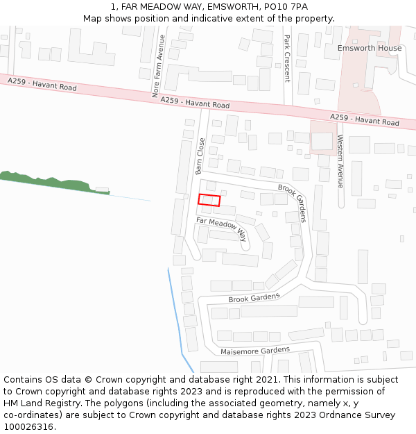 1, FAR MEADOW WAY, EMSWORTH, PO10 7PA: Location map and indicative extent of plot