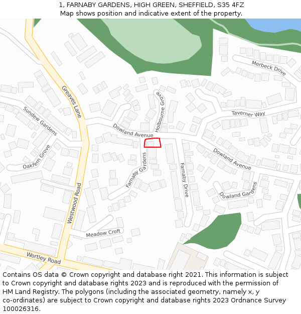 1, FARNABY GARDENS, HIGH GREEN, SHEFFIELD, S35 4FZ: Location map and indicative extent of plot