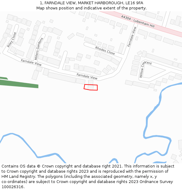 1, FARNDALE VIEW, MARKET HARBOROUGH, LE16 9FA: Location map and indicative extent of plot