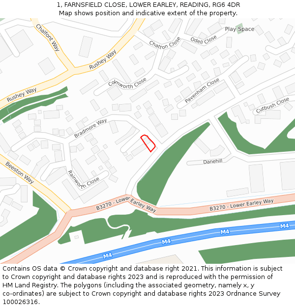 1, FARNSFIELD CLOSE, LOWER EARLEY, READING, RG6 4DR: Location map and indicative extent of plot