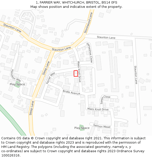 1, FARRIER WAY, WHITCHURCH, BRISTOL, BS14 0FS: Location map and indicative extent of plot