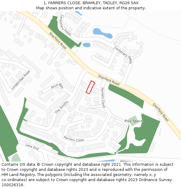 1, FARRIERS CLOSE, BRAMLEY, TADLEY, RG26 5AX: Location map and indicative extent of plot