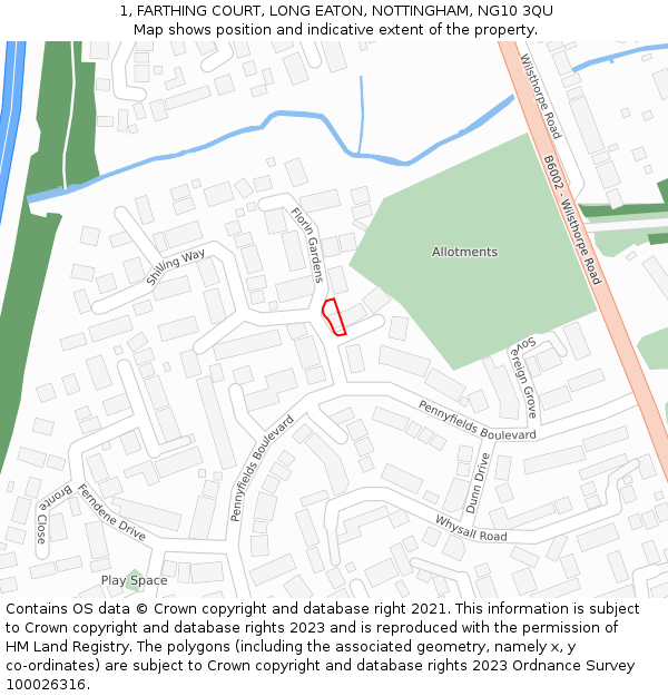 1, FARTHING COURT, LONG EATON, NOTTINGHAM, NG10 3QU: Location map and indicative extent of plot