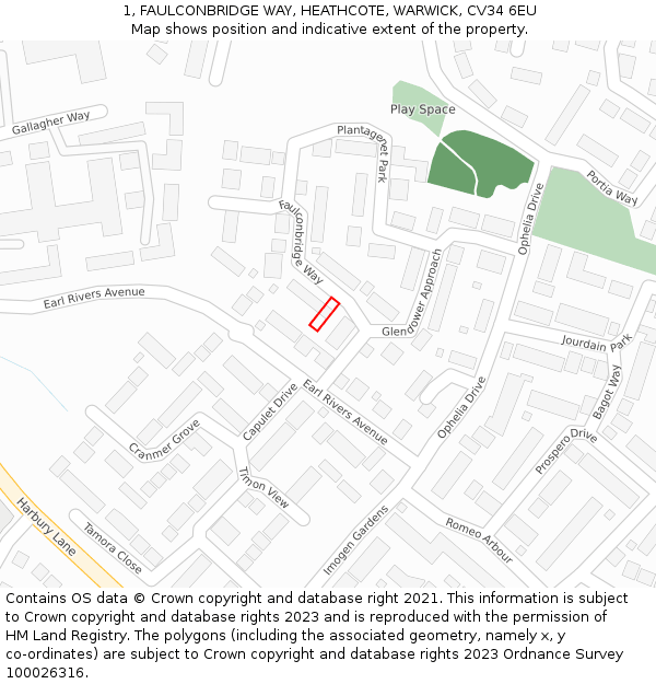 1, FAULCONBRIDGE WAY, HEATHCOTE, WARWICK, CV34 6EU: Location map and indicative extent of plot