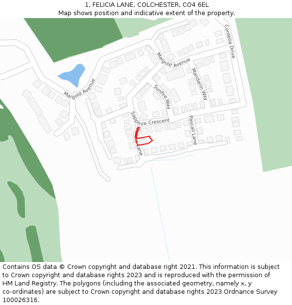 1, FELICIA LANE, COLCHESTER, CO4 6EL: Location map and indicative extent of plot