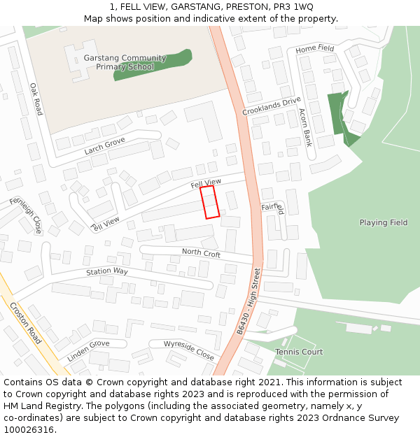 1, FELL VIEW, GARSTANG, PRESTON, PR3 1WQ: Location map and indicative extent of plot
