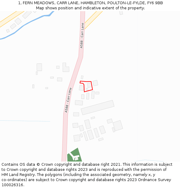 1, FERN MEADOWS, CARR LANE, HAMBLETON, POULTON-LE-FYLDE, FY6 9BB: Location map and indicative extent of plot