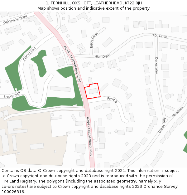 1, FERNHILL, OXSHOTT, LEATHERHEAD, KT22 0JH: Location map and indicative extent of plot