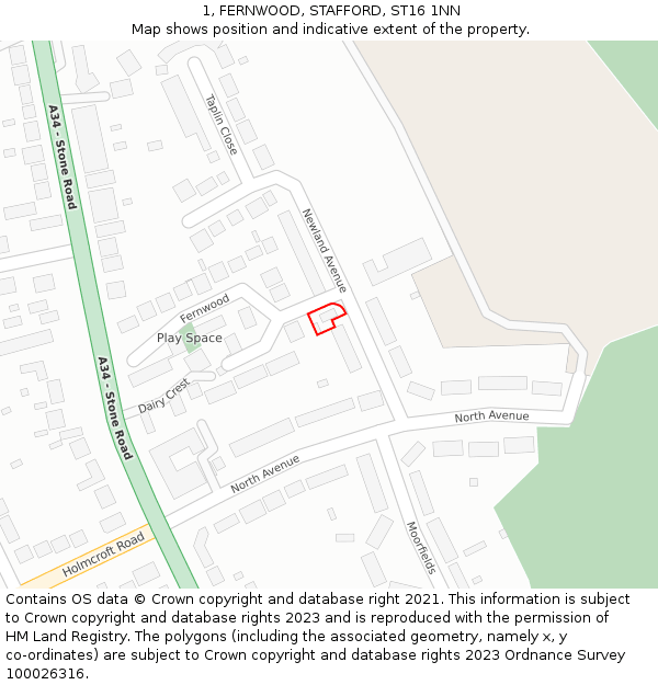 1, FERNWOOD, STAFFORD, ST16 1NN: Location map and indicative extent of plot