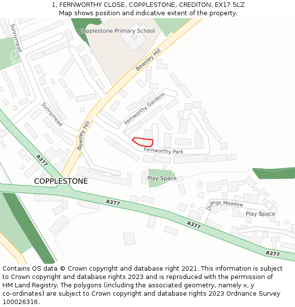1, FERNWORTHY CLOSE, COPPLESTONE, CREDITON, EX17 5LZ: Location map and indicative extent of plot