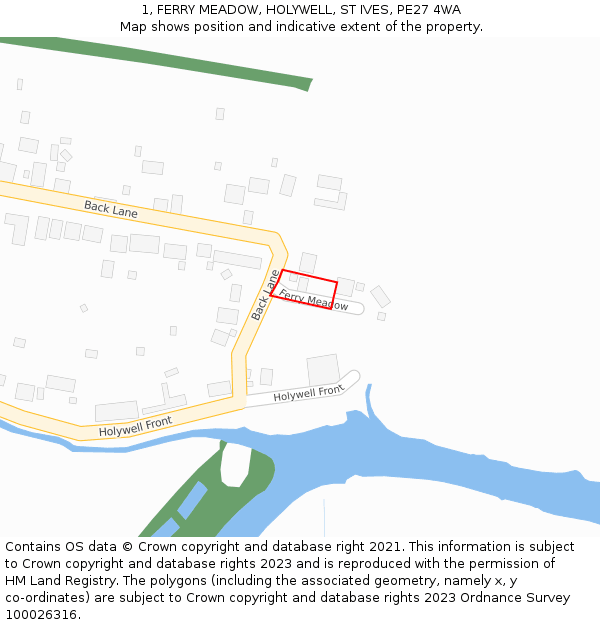 1, FERRY MEADOW, HOLYWELL, ST IVES, PE27 4WA: Location map and indicative extent of plot
