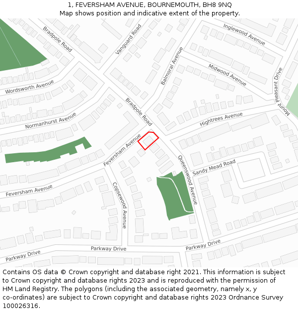 1, FEVERSHAM AVENUE, BOURNEMOUTH, BH8 9NQ: Location map and indicative extent of plot