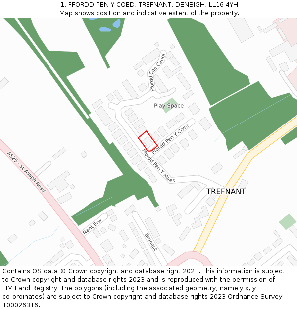 1, FFORDD PEN Y COED, TREFNANT, DENBIGH, LL16 4YH: Location map and indicative extent of plot