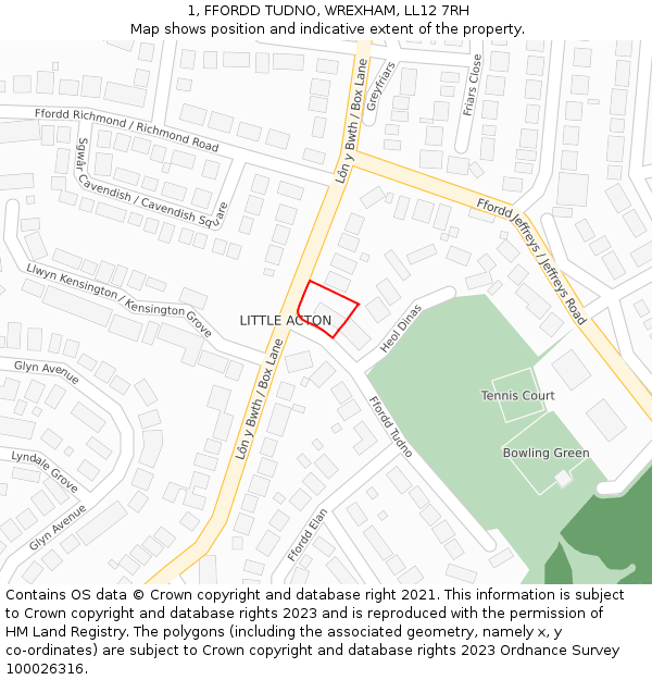 1, FFORDD TUDNO, WREXHAM, LL12 7RH: Location map and indicative extent of plot