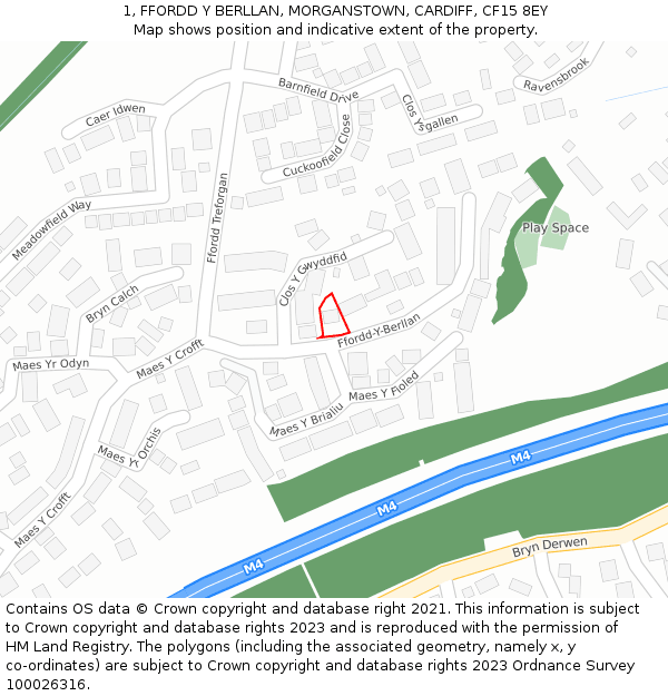 1, FFORDD Y BERLLAN, MORGANSTOWN, CARDIFF, CF15 8EY: Location map and indicative extent of plot