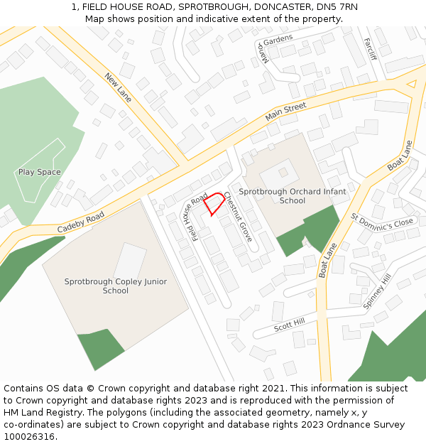 1, FIELD HOUSE ROAD, SPROTBROUGH, DONCASTER, DN5 7RN: Location map and indicative extent of plot