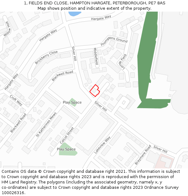 1, FIELDS END CLOSE, HAMPTON HARGATE, PETERBOROUGH, PE7 8AS: Location map and indicative extent of plot