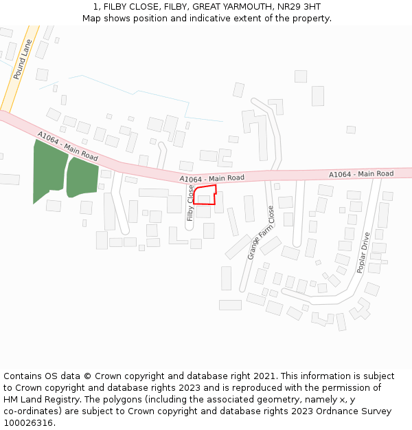 1, FILBY CLOSE, FILBY, GREAT YARMOUTH, NR29 3HT: Location map and indicative extent of plot