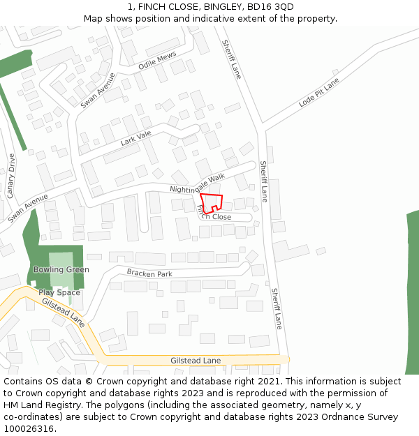 1, FINCH CLOSE, BINGLEY, BD16 3QD: Location map and indicative extent of plot