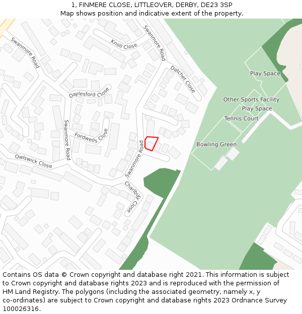 1, FINMERE CLOSE, LITTLEOVER, DERBY, DE23 3SP: Location map and indicative extent of plot