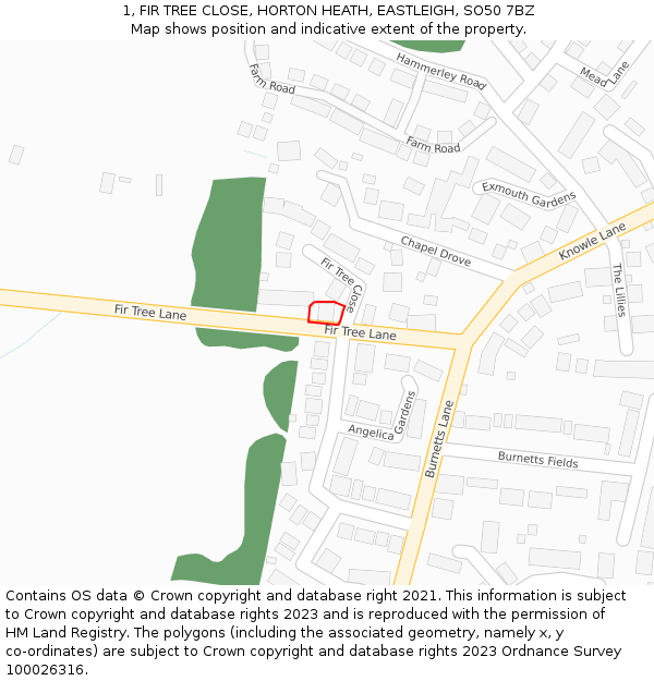 1, FIR TREE CLOSE, HORTON HEATH, EASTLEIGH, SO50 7BZ: Location map and indicative extent of plot