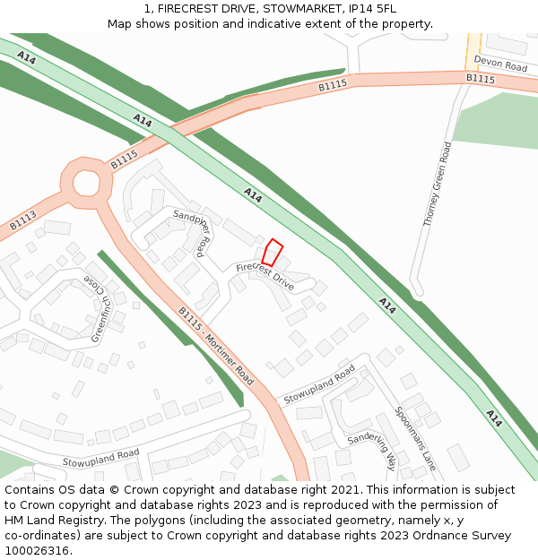 1, FIRECREST DRIVE, STOWMARKET, IP14 5FL: Location map and indicative extent of plot