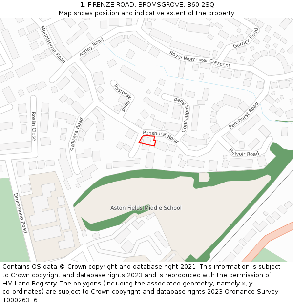 1, FIRENZE ROAD, BROMSGROVE, B60 2SQ: Location map and indicative extent of plot