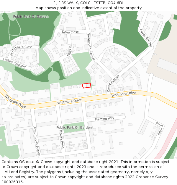 1, FIRS WALK, COLCHESTER, CO4 6BL: Location map and indicative extent of plot