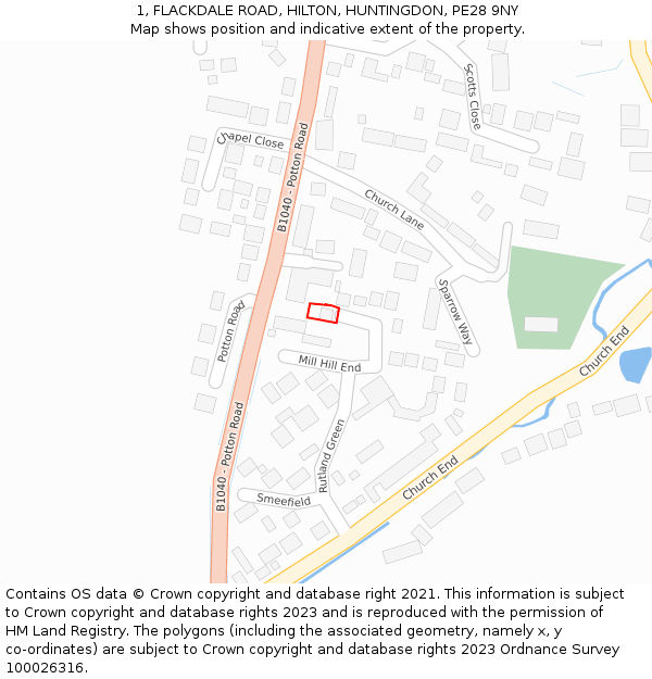 1, FLACKDALE ROAD, HILTON, HUNTINGDON, PE28 9NY: Location map and indicative extent of plot