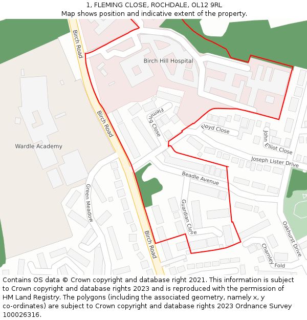 1, FLEMING CLOSE, ROCHDALE, OL12 9RL: Location map and indicative extent of plot