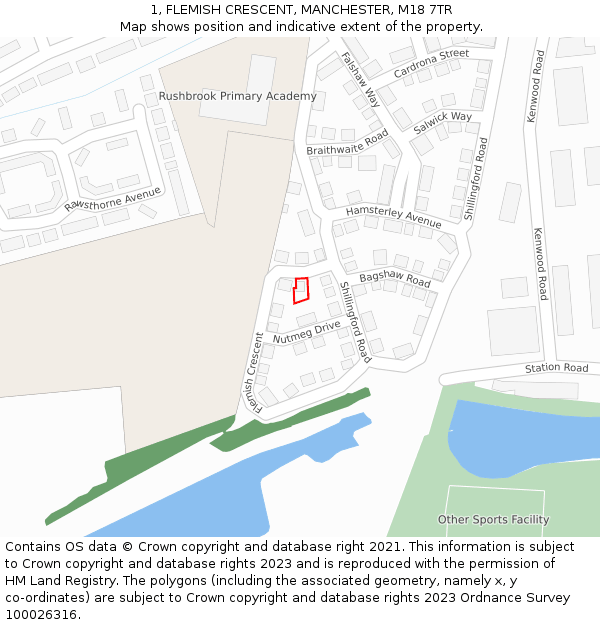 1, FLEMISH CRESCENT, MANCHESTER, M18 7TR: Location map and indicative extent of plot