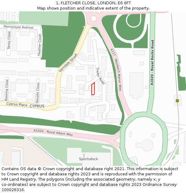 1, FLETCHER CLOSE, LONDON, E6 6FT: Location map and indicative extent of plot