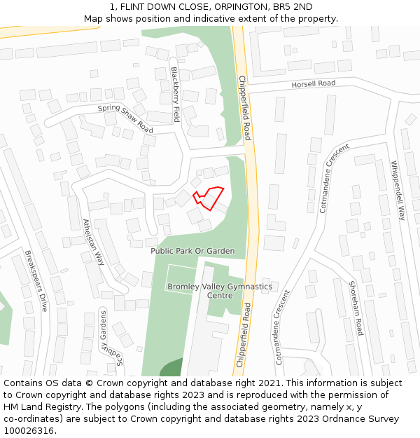 1, FLINT DOWN CLOSE, ORPINGTON, BR5 2ND: Location map and indicative extent of plot