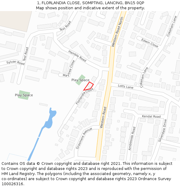 1, FLORLANDIA CLOSE, SOMPTING, LANCING, BN15 0QP: Location map and indicative extent of plot