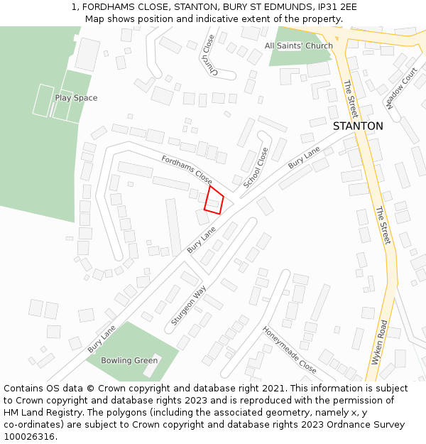 1, FORDHAMS CLOSE, STANTON, BURY ST EDMUNDS, IP31 2EE: Location map and indicative extent of plot