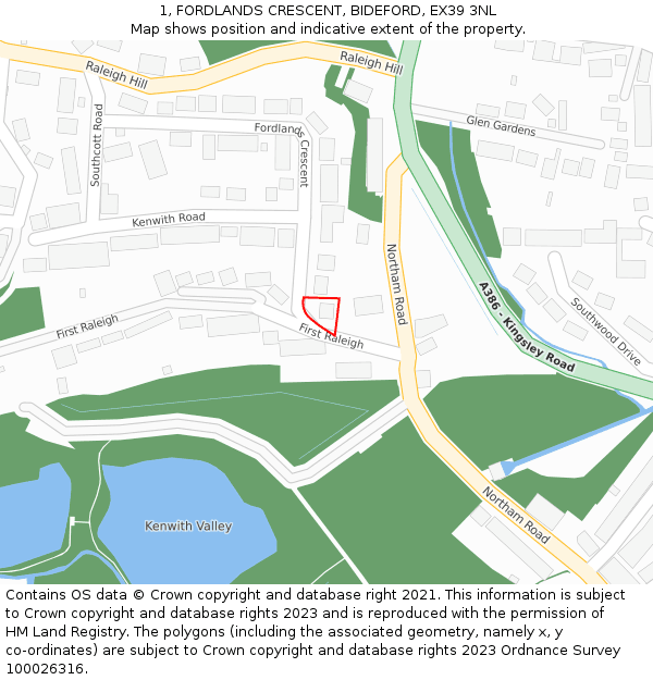 1, FORDLANDS CRESCENT, BIDEFORD, EX39 3NL: Location map and indicative extent of plot