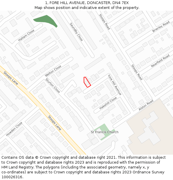 1, FORE HILL AVENUE, DONCASTER, DN4 7EX: Location map and indicative extent of plot