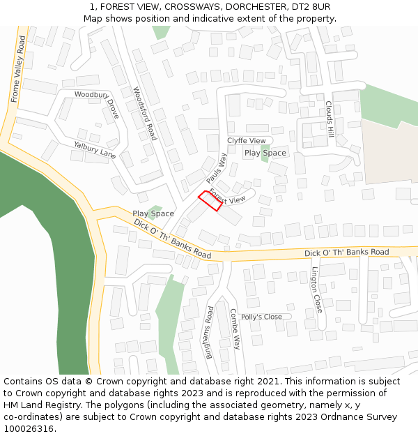 1, FOREST VIEW, CROSSWAYS, DORCHESTER, DT2 8UR: Location map and indicative extent of plot